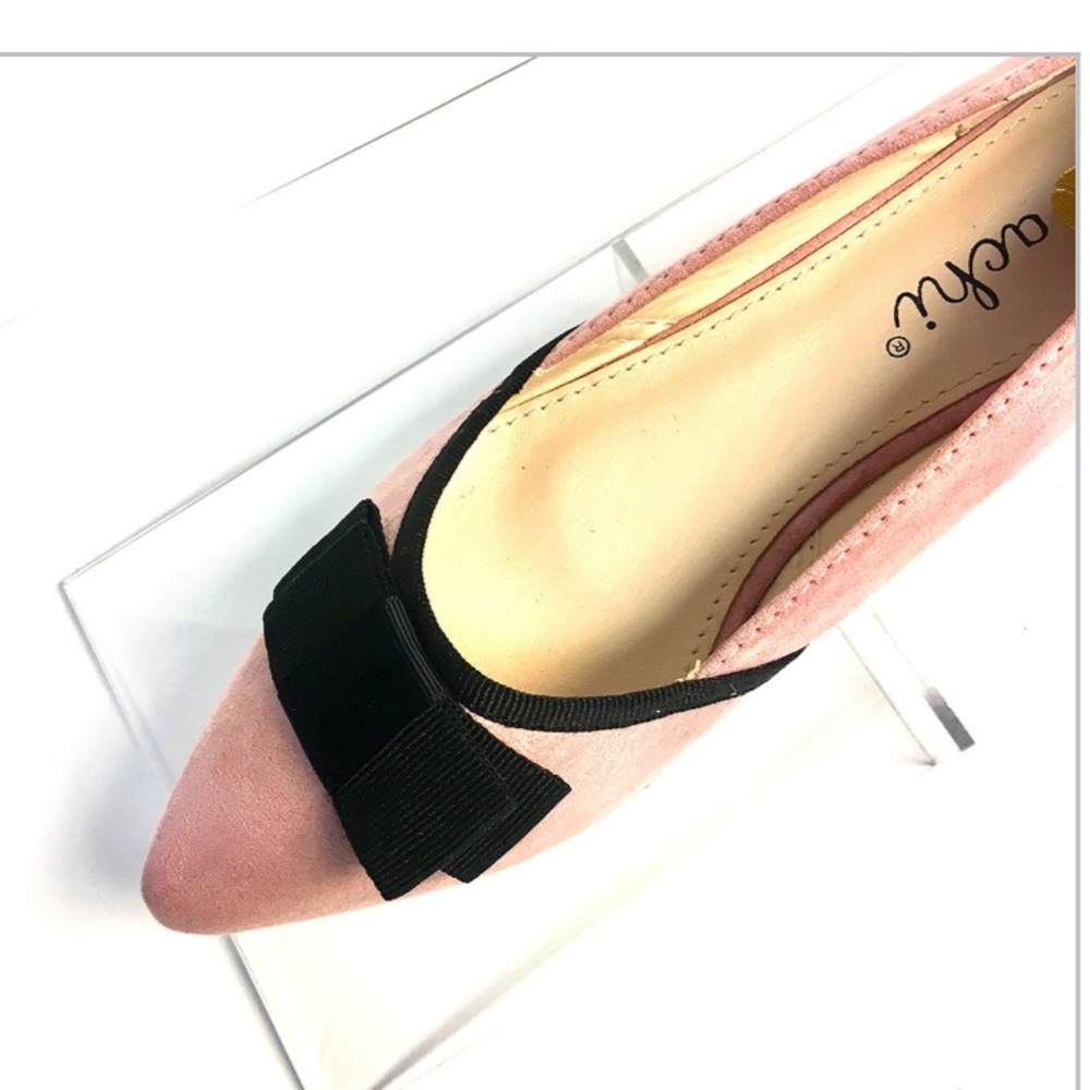 Pink Pointed Toe Flats with Black Bow - Faux Suede - Picture 5 of 7